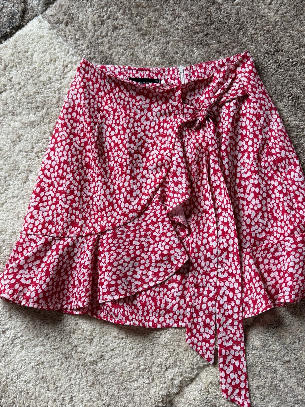 Red Floral Asymmetrical Ruffle Wrap Mini Skirt